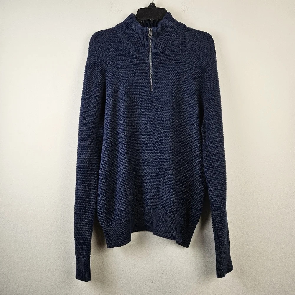 J.CREW Cotton half-zip sweater in rustic moss stitch Size Medium Navy - Picture 2 of 9